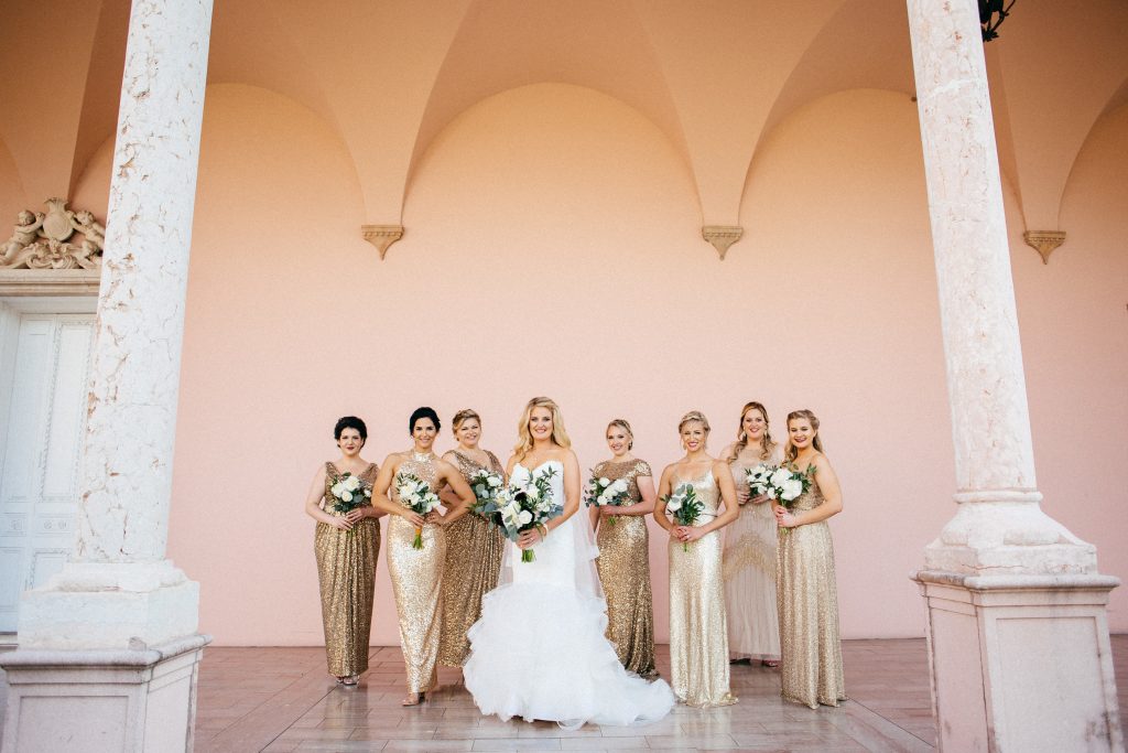 Bridesmaids in gold sequin gowns